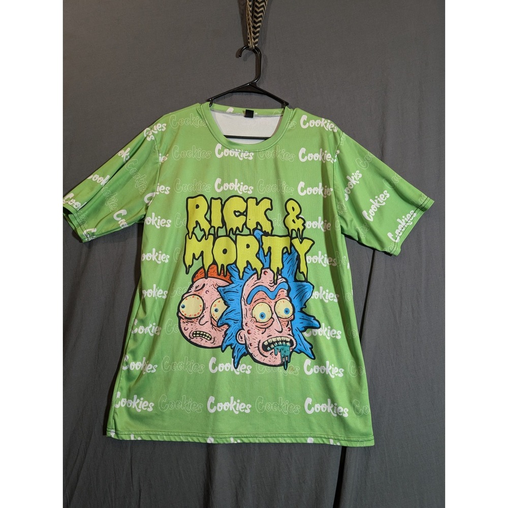 Rick and Morty Graphic T Shirt XL All Over Print Green Adult Swim
